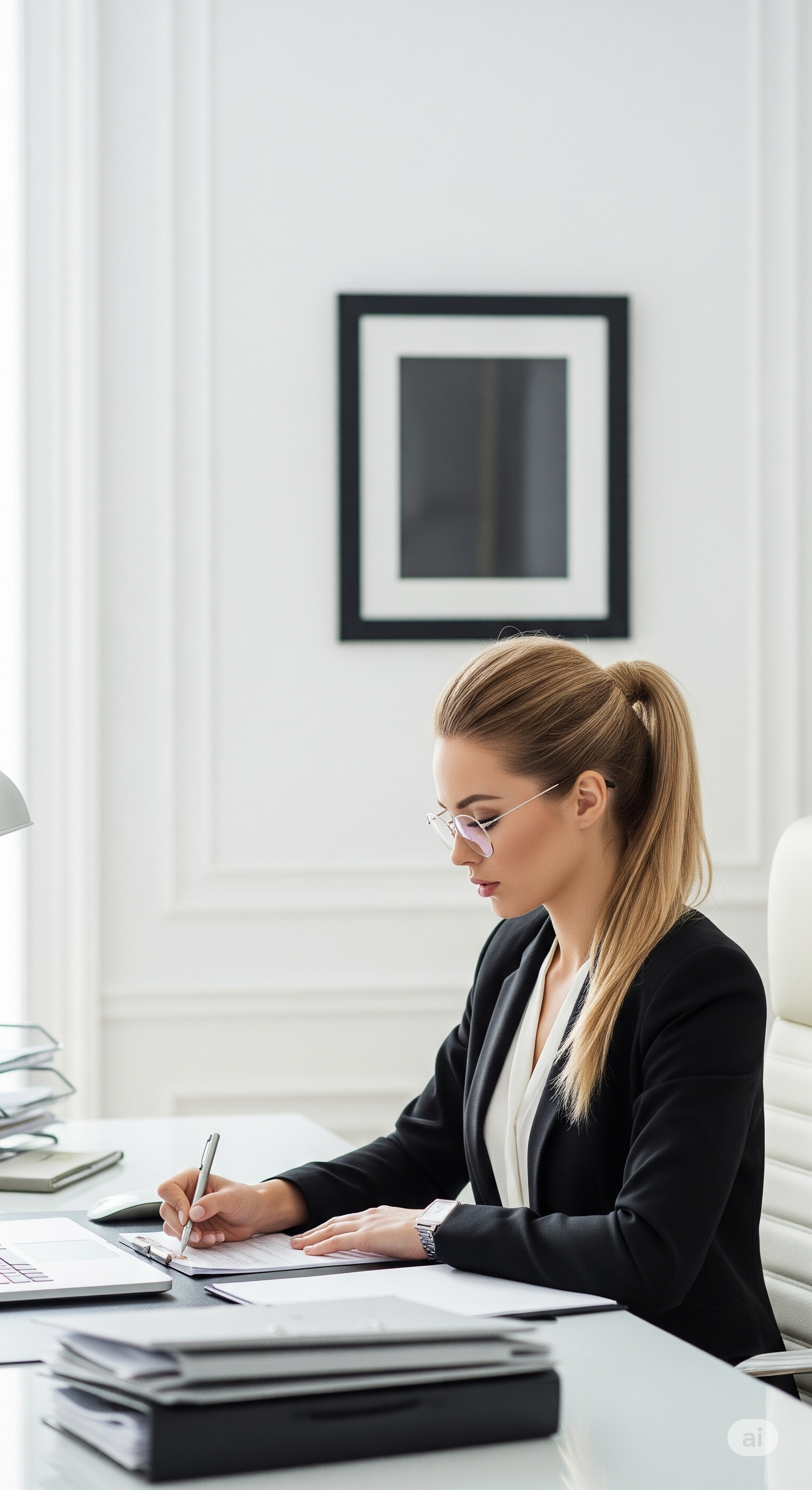 Woman with blond hair in a ponytail and glasses working at her desk