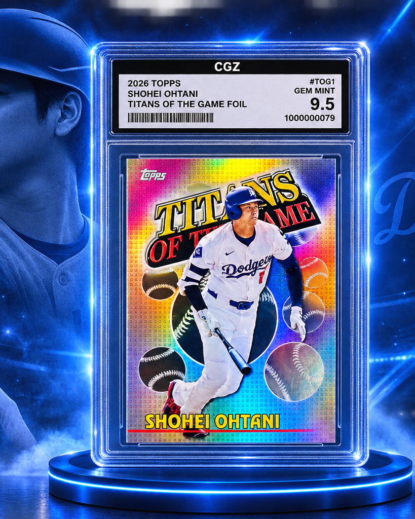 Shohei Ohtani CGZ graded slab presented in a blue stadium-inspired CGZ display